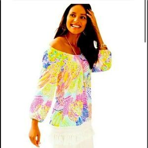 LILLY PULITZER Alia off the shoulder too in “Roar of the Sea” print